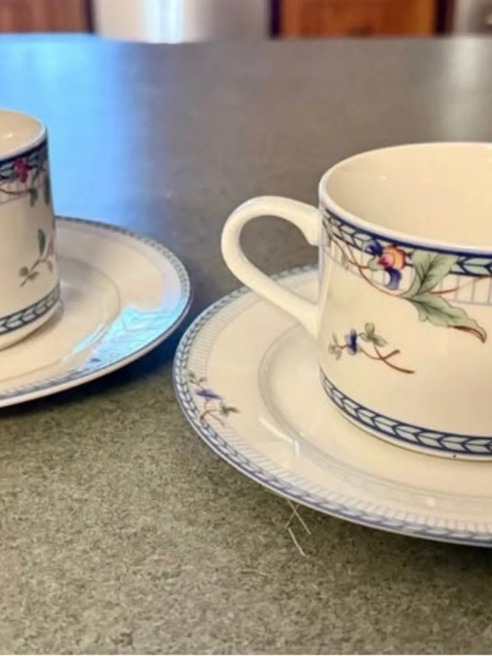 Oneida Fine Porcelain BLUE LATTICE Pattern Coffee Cup & Saucer Set (set of 2)